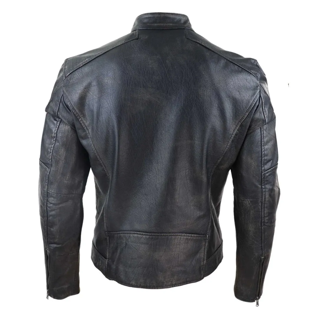 Men's Leather Zipped Biker Jacket Washed Black Brown Distressed sold by Tru Clothing product image thumbnail 5