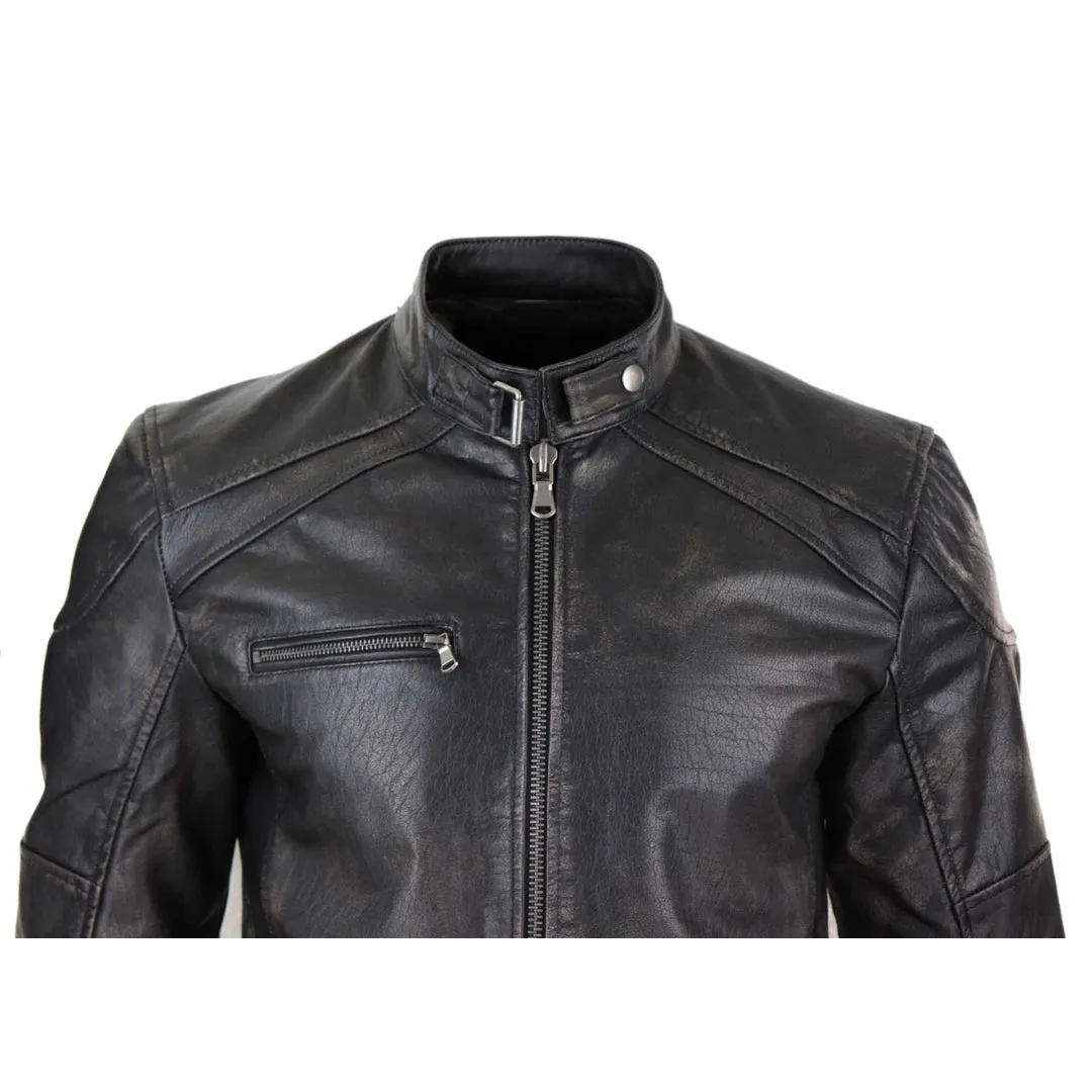 Men's Leather Zipped Biker Jacket Washed Black Brown Distressed sold by Tru Clothing product image thumbnail 3