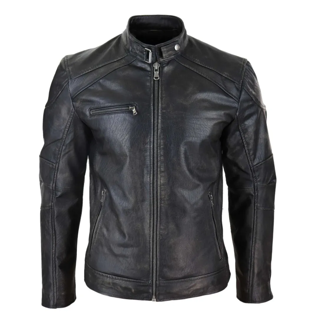 Men's Leather Zipped Biker Jacket Washed Black Brown Distressed sold by Tru Clothing