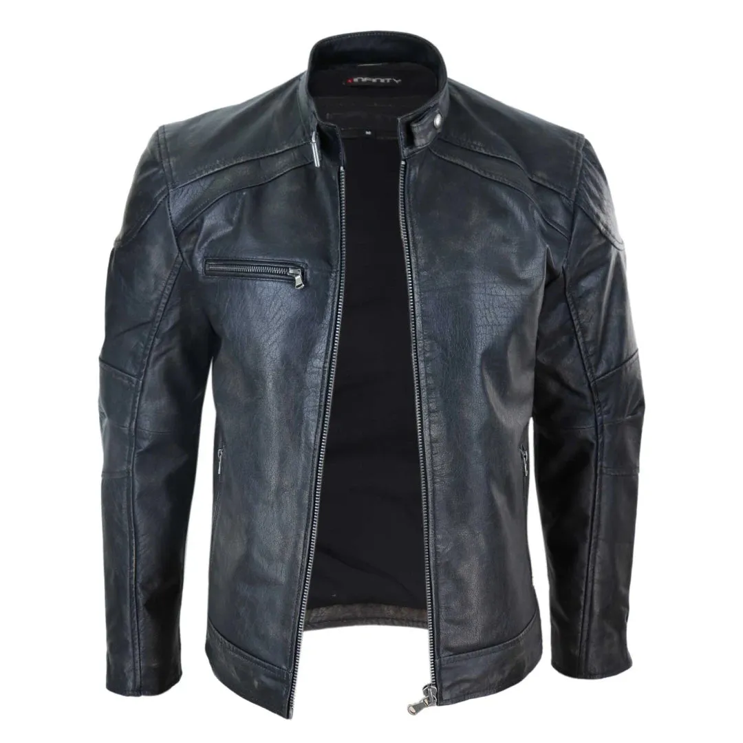 Men's Leather Zipped Biker Jacket Washed Black Brown Distressed sold by Tru Clothing product image thumbnail 4