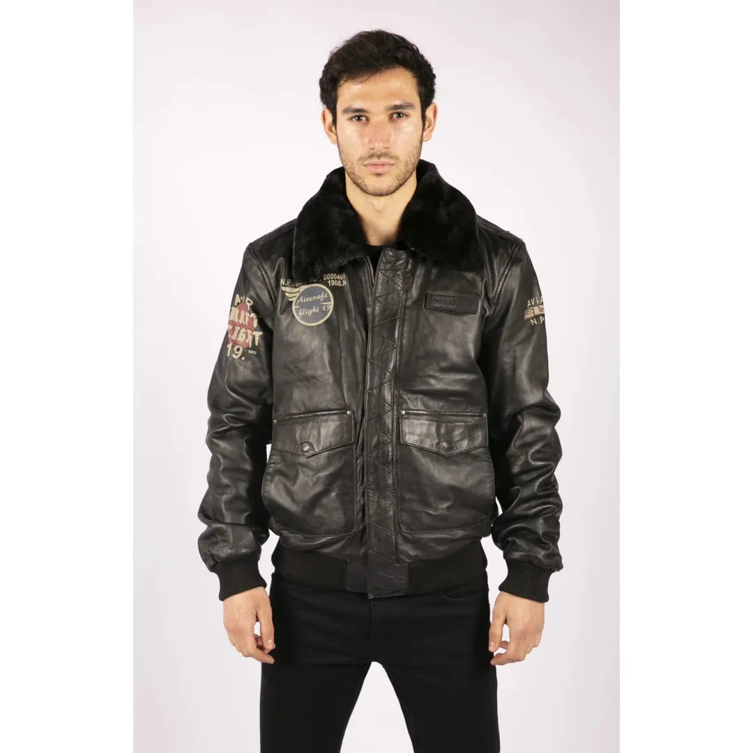 Men's Leather Black Aviator Fur Collar Pilot Jacket Bomber sold by Tru Clothing product image thumbnail 2