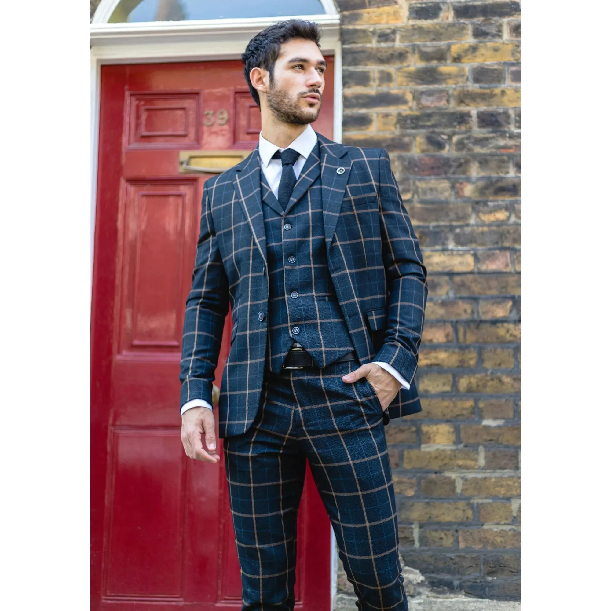 AK-15 - Men's Blue 3 Piece Suit Tan Check Classic Wedding Prom Peaky Tweed sold by Tru Clothing product image thumbnail 2