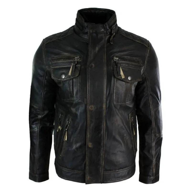 Men's Distressed Ruboff Black Brown Military Leather Jacket sold by Tru Clothing