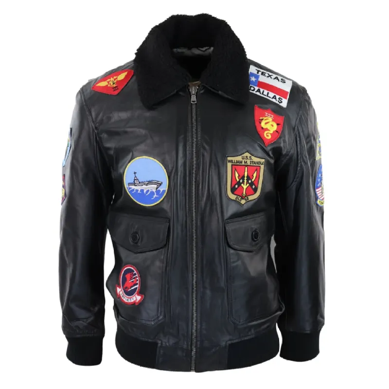 Men's Black Topgun Maverick Jacket Pilot Bomber US Badges Black Fur Tom Cat sold by Tru Clothing