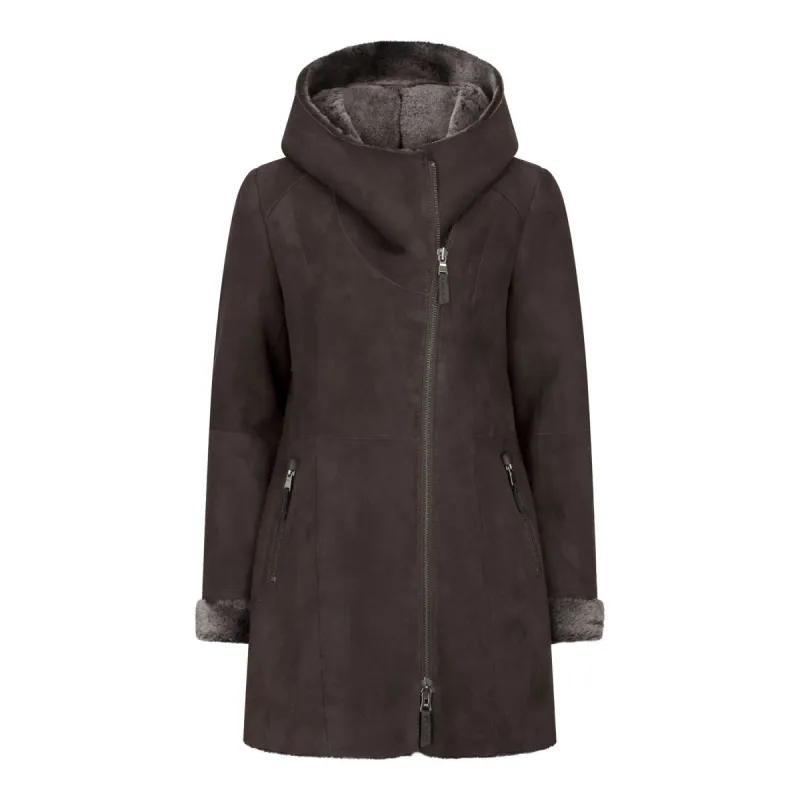 Women's 3/4 Mid Length Sheepskin Brown Toscana Suede Hood Coat sold by Tru Clothing
