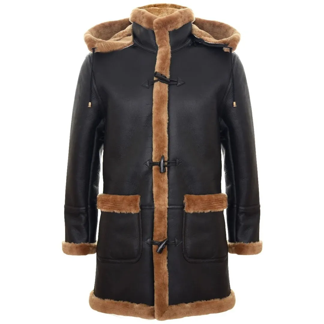 Men's Shearling Sheepskin Duffle Coat WW2 UK Winter 3/4 Hood Brown Ginger sold by Tru Clothing product image thumbnail 3