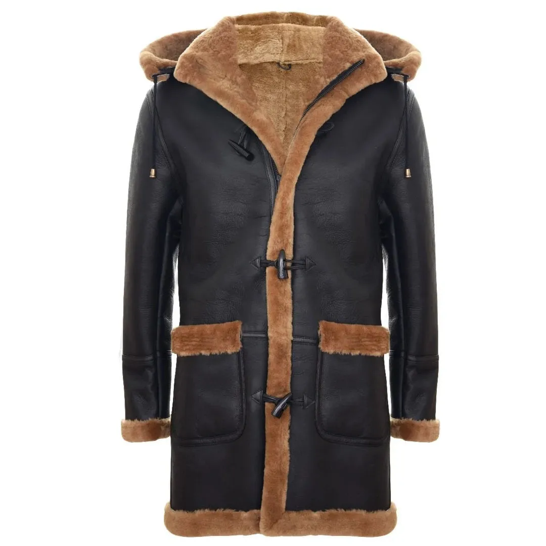 Men's Shearling Sheepskin Duffle Coat WW2 UK Winter 3/4 Hood Brown Ginger sold by Tru Clothing