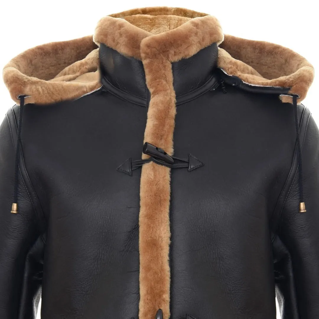 Men's Shearling Sheepskin Duffle Coat WW2 UK Winter 3/4 Hood Brown Ginger sold by Tru Clothing product image thumbnail 5