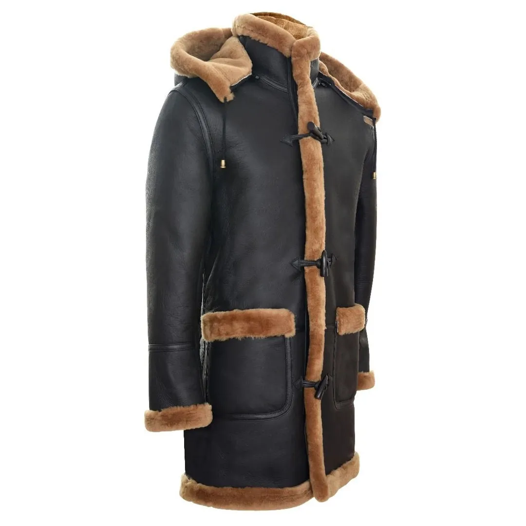 Men's Shearling Sheepskin Duffle Coat WW2 UK Winter 3/4 Hood Brown Ginger sold by Tru Clothing product image thumbnail 2