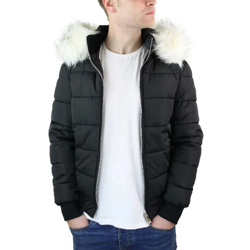 Men's Bomber Puffer Jacket Quilted Warm Winter Removable Fur Hood Pilot made by Tru Clothing