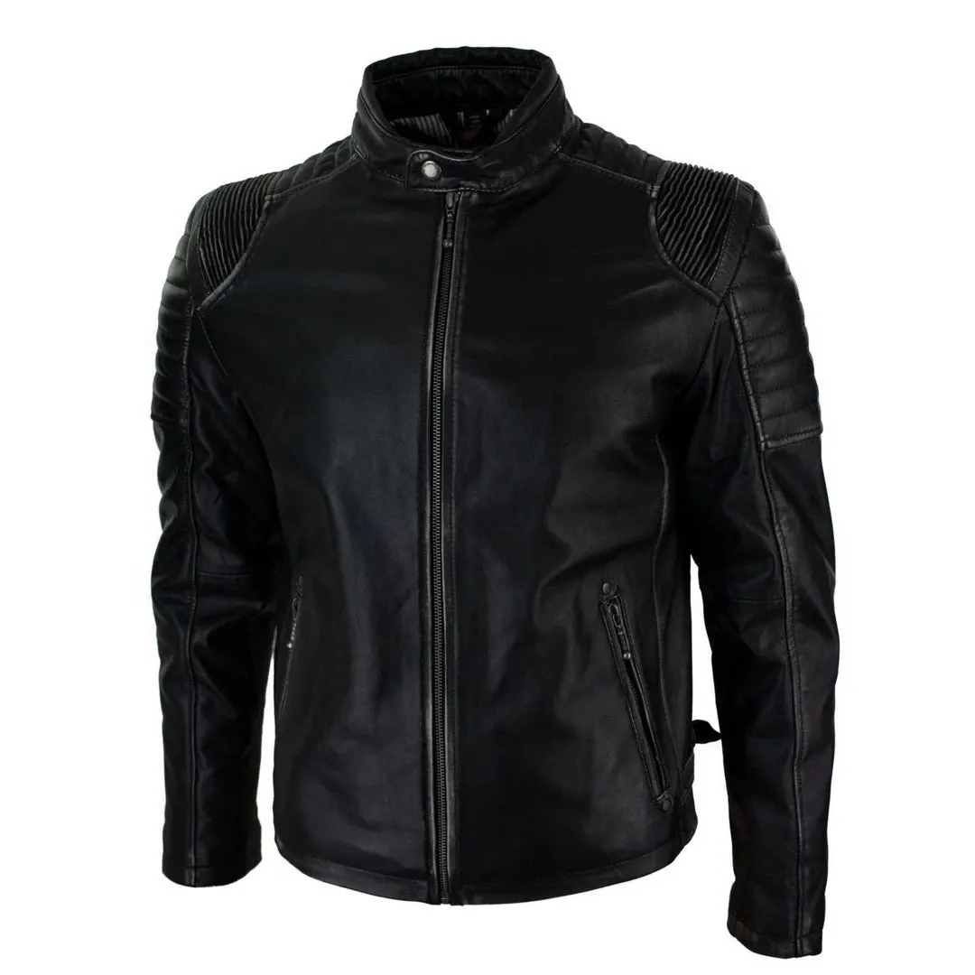 Men's Black Ruboff Washed Effect Leather Jacket Fitted Biker sold by Tru Clothing product image thumbnail 2