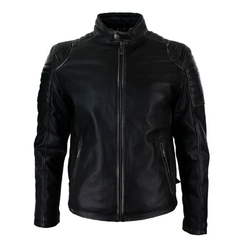 Men's Black Ruboff Washed Effect Leather Jacket Fitted Biker sold by Tru Clothing