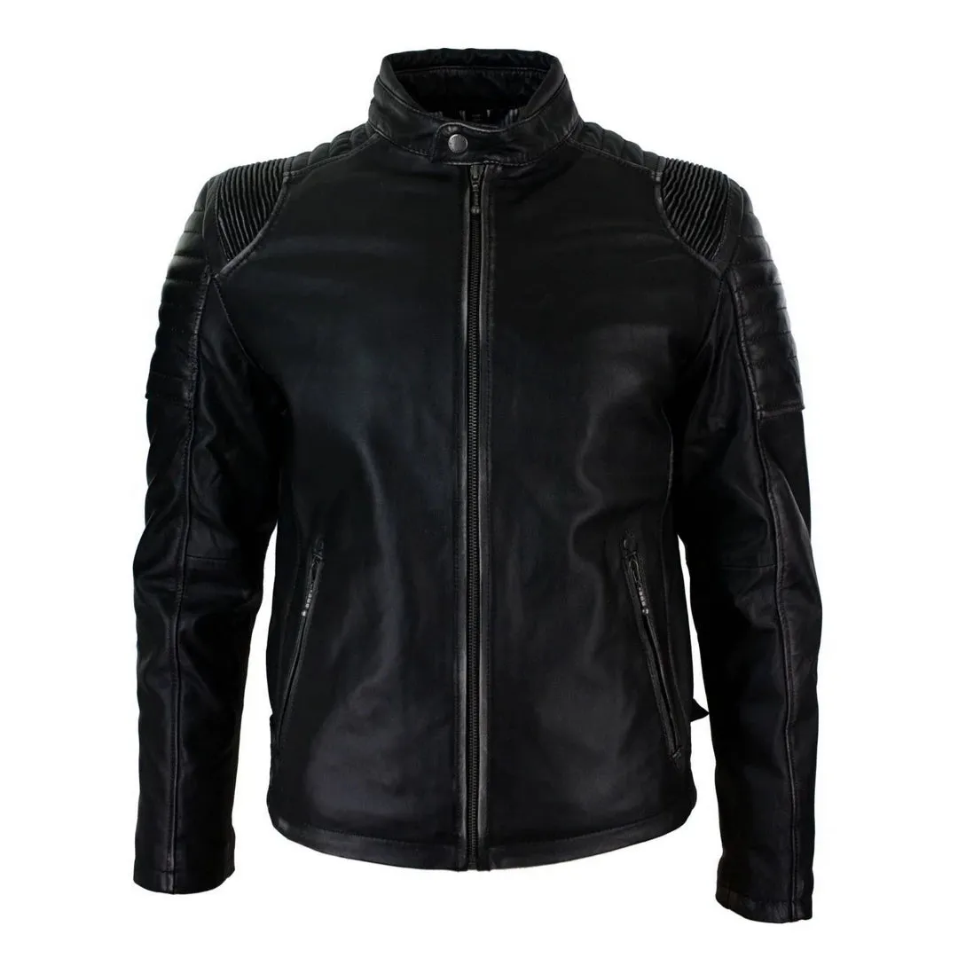 Men's Black Ruboff Washed Effect Leather Jacket Fitted Biker sold by Tru Clothing