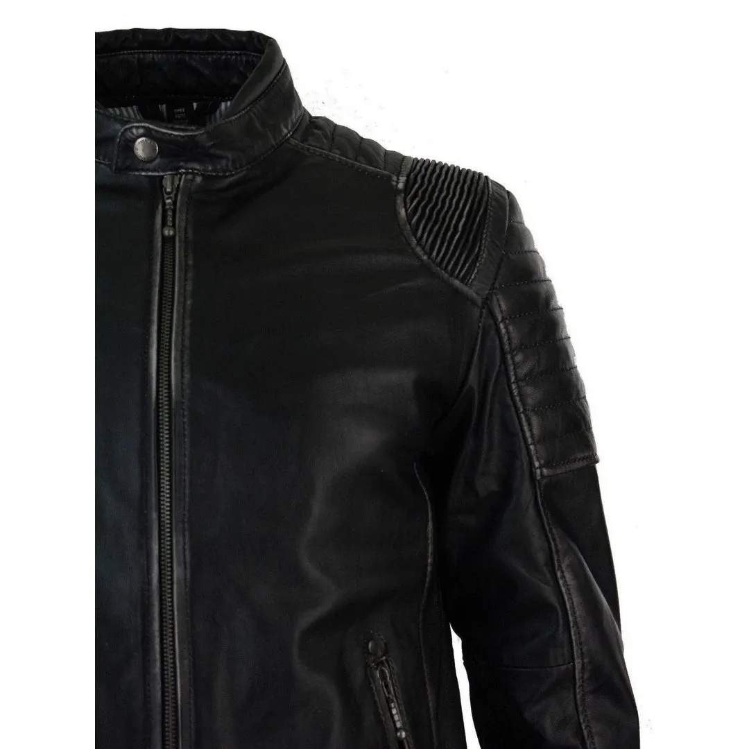 Men's Black Ruboff Washed Effect Leather Jacket Fitted Biker sold by Tru Clothing product image thumbnail 4