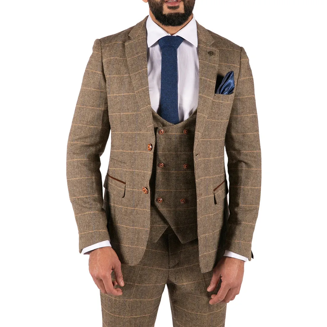 Blake - Men's 3 Piece Tweed Tan Check Double Breasted Suit sold by Tru Clothing