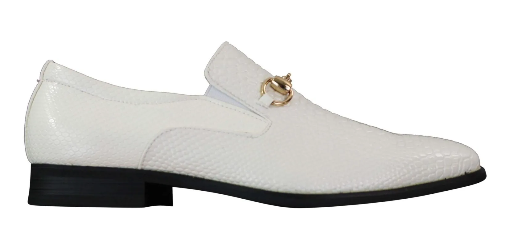 Patron 80058 - Mens White Black Patent Shiny Slip On PU Snake Crocodile Leather Shoes Gold Buckle sold by Tru Clothing