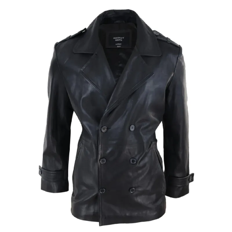 Men's Leather 3/4 Double Breasted Pea Coat Sherlock Black Sailor Classic sold by Tru Clothing