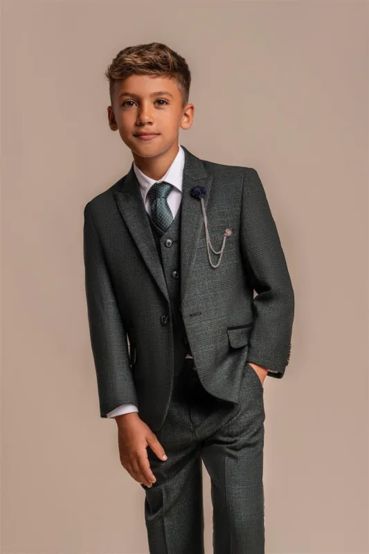 Caridi - Boys 3 Piece Olive Check Tweed Suit sold by Tru Clothing
