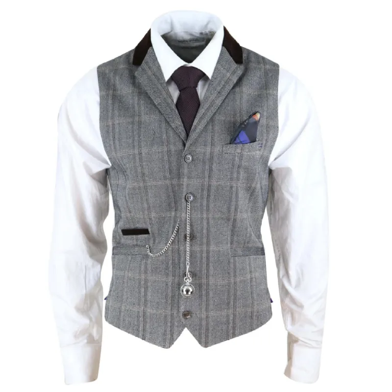 Connall - Men's Herringbone Tweed Check Waistcoat Pocket Watch Blinders sold by Tru Clothing