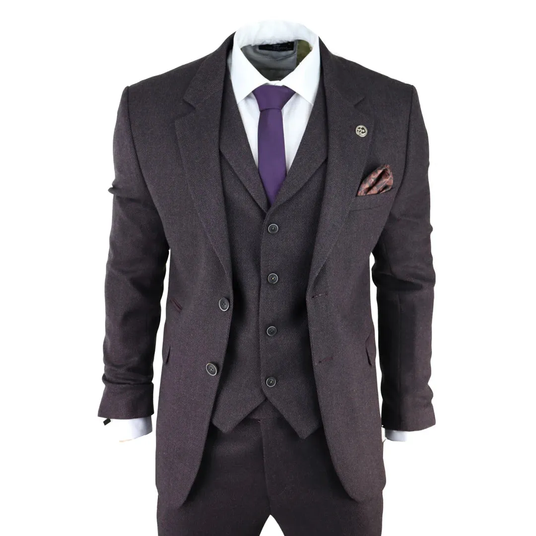 AK-05 - Men's Herringbone Tweed 3 Piece Suit Purple Plum 1920s Blinders sold by Tru Clothing