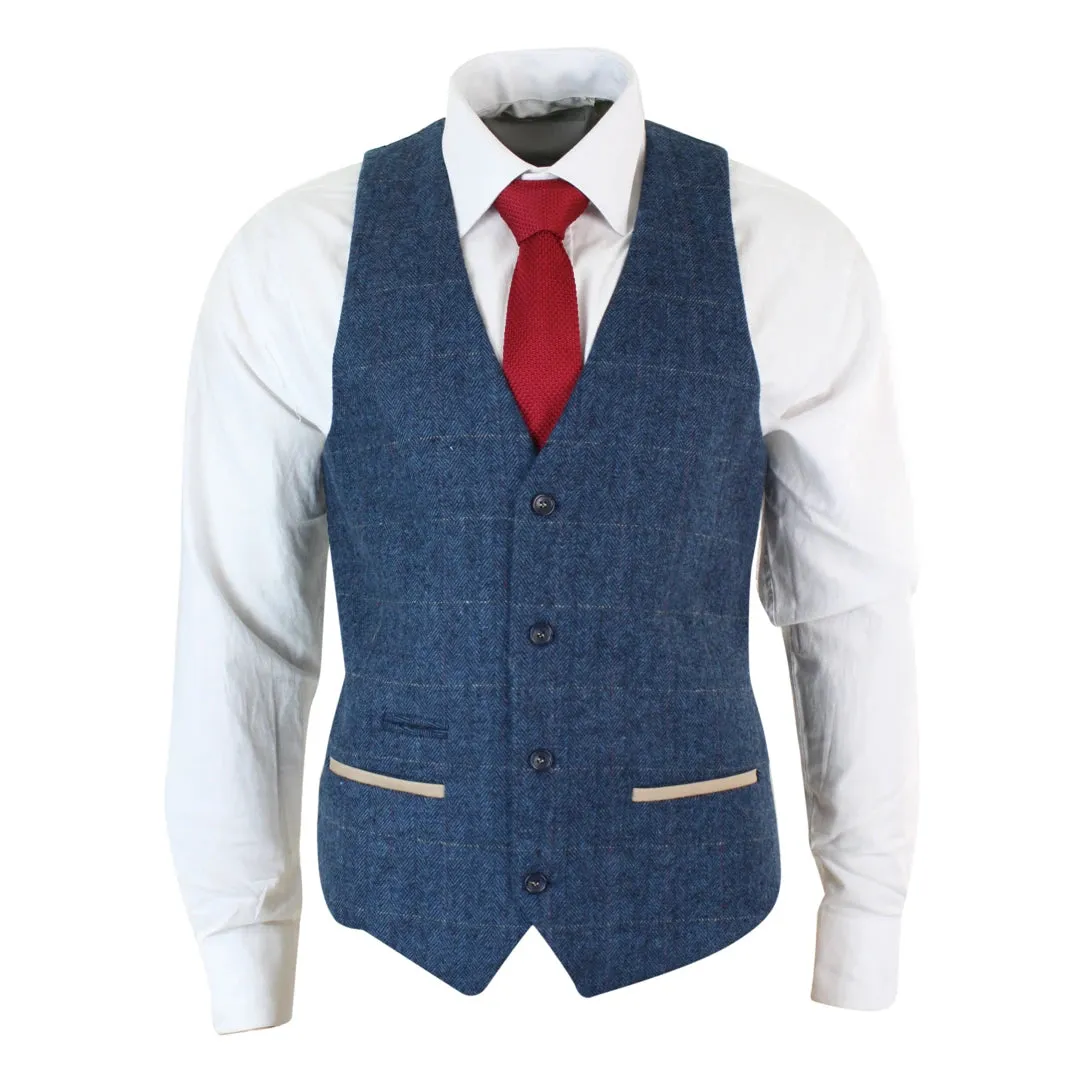 Men's Herringbone Tweed Check Waistcoat Velvet Trim Blue Brown Grey sold by Tru Clothing