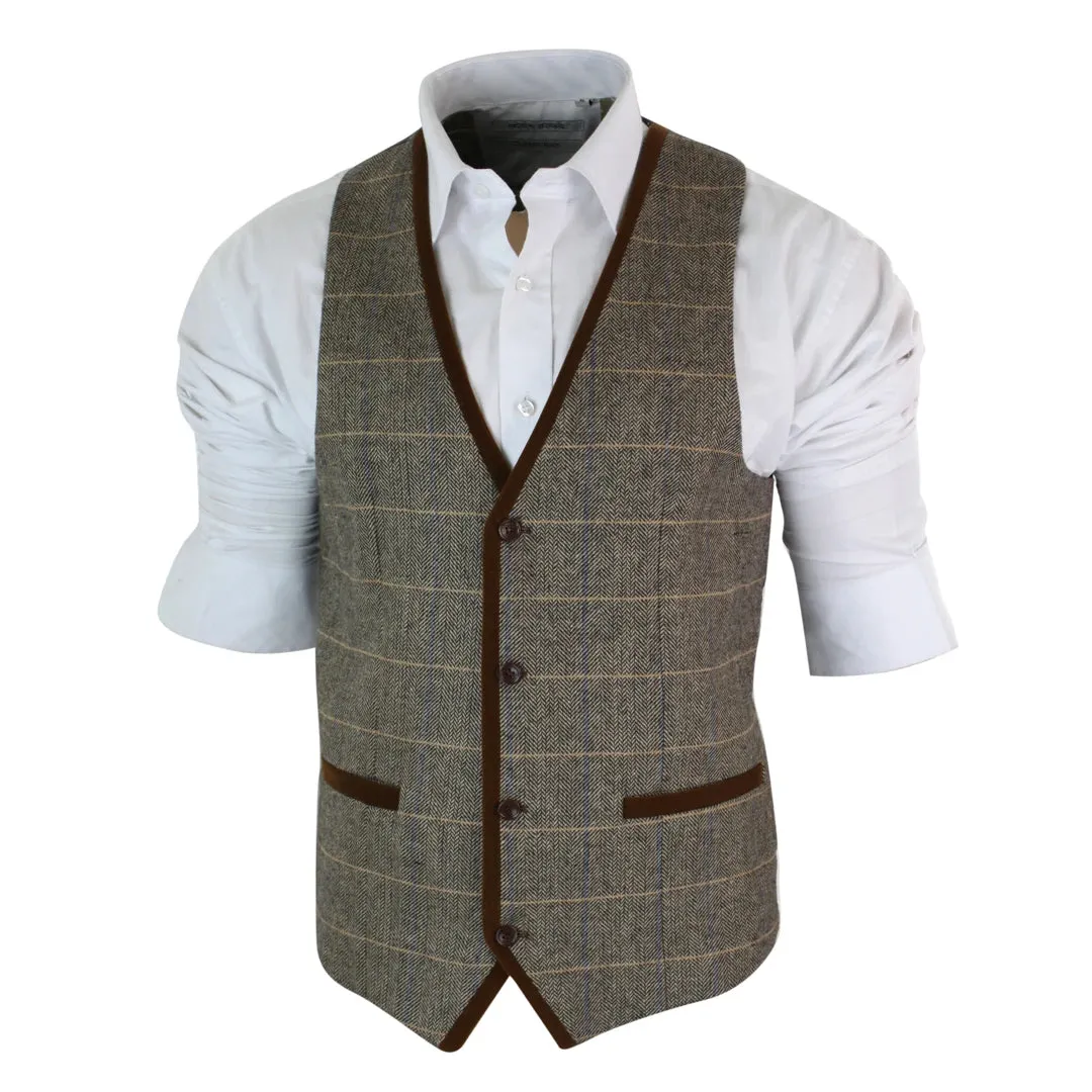 Men's Herringbone Tweed Check Waistcoat Velvet Trim Blue Brown Grey sold by Tru Clothing product image thumbnail 5