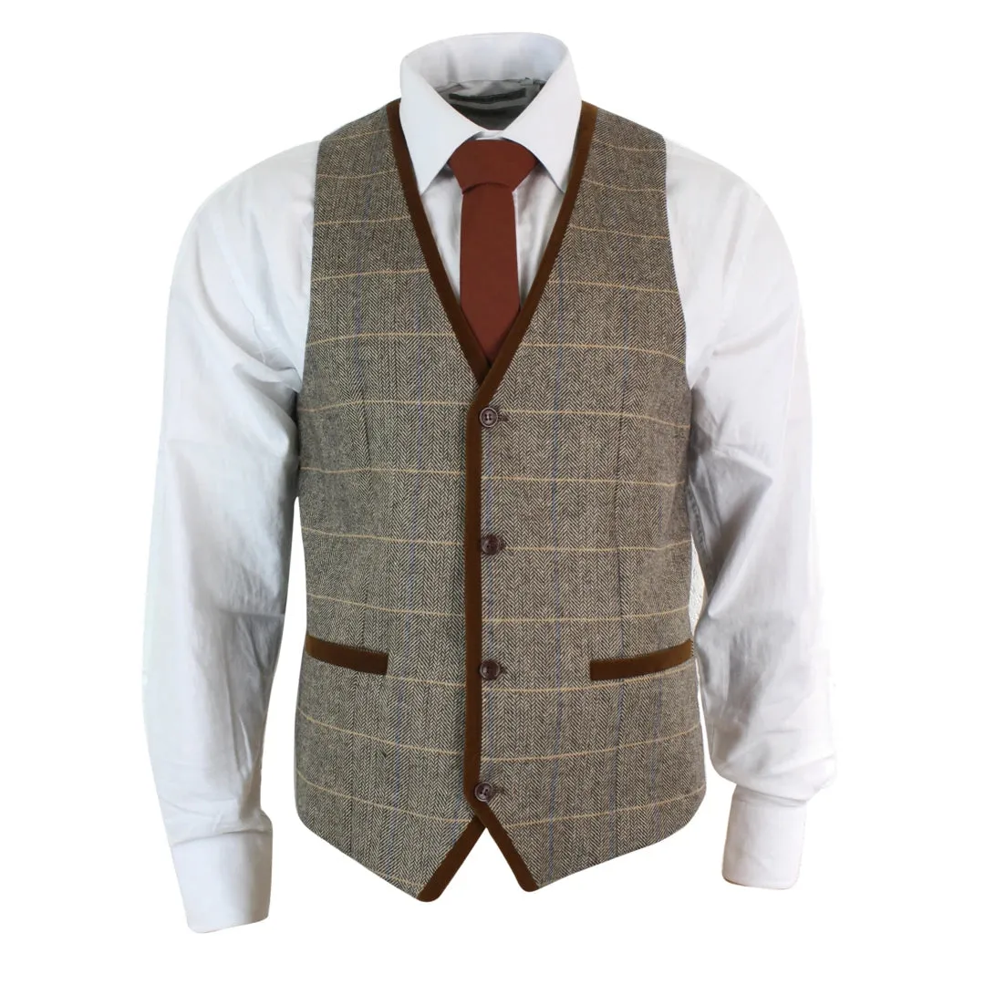 Men's Herringbone Tweed Check Waistcoat Velvet Trim Blue Brown Grey sold by Tru Clothing product image thumbnail 4