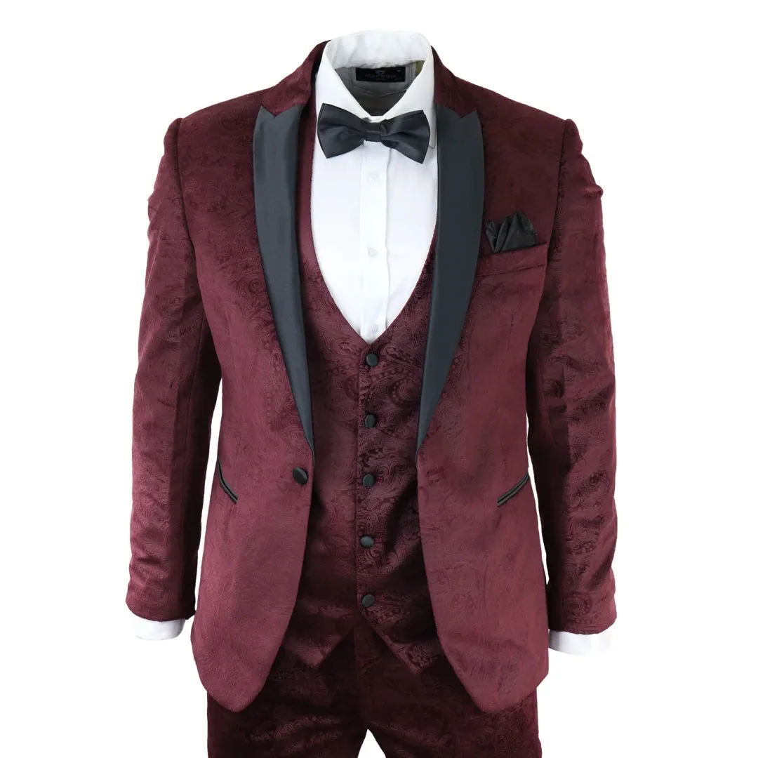 Simon - Men's Marc Darcy Velvet Paisley Burgundy Fit 3 Piece Suit Tuxedo Wedding sold by Tru Clothing