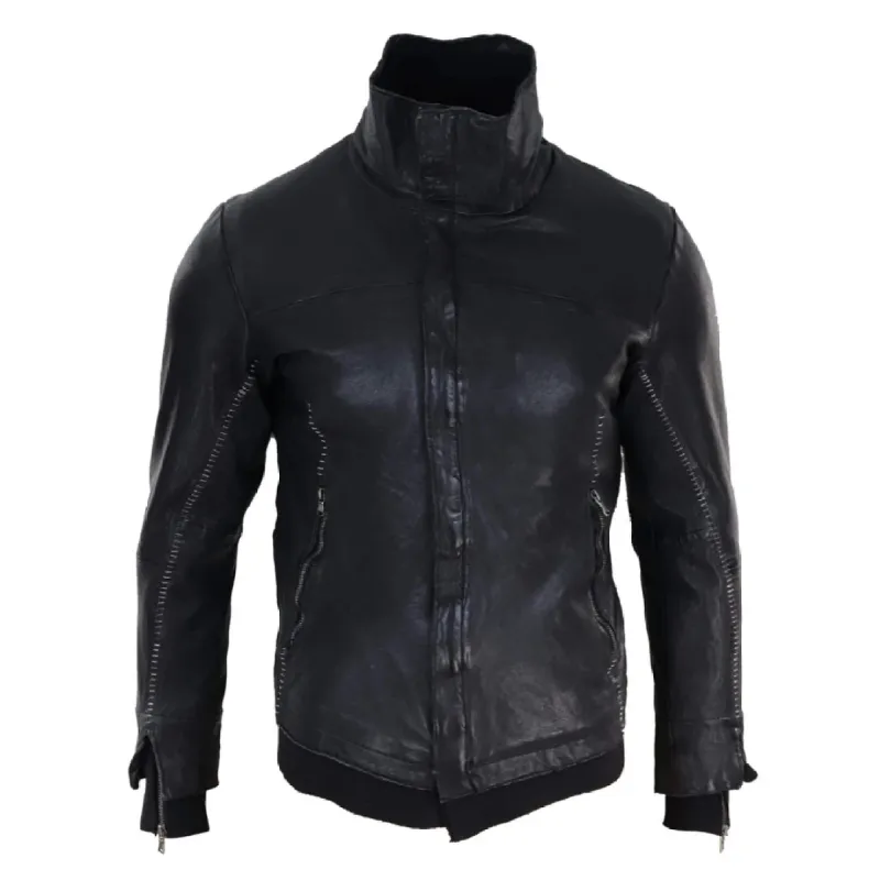 Men's Black Bomber Jacket Leather Distressed Stitch sold by Tru Clothing