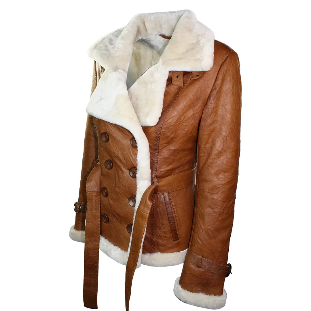 Women's Shearling Sheepskin Aviator Tan Brown Leather Jacket sold by Tru Clothing product image thumbnail 2