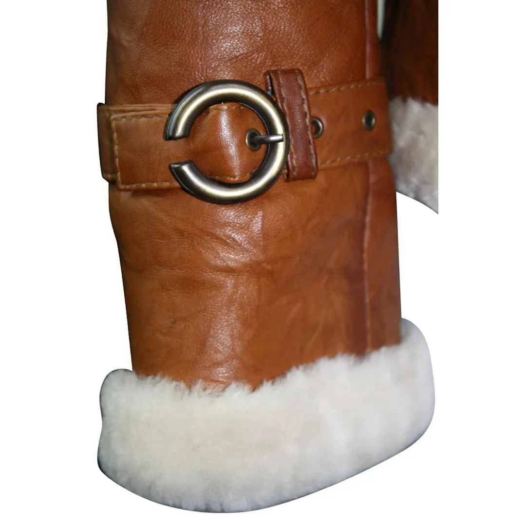 Women's Shearling Sheepskin Aviator Tan Brown Leather Jacket sold by Tru Clothing product image thumbnail 5