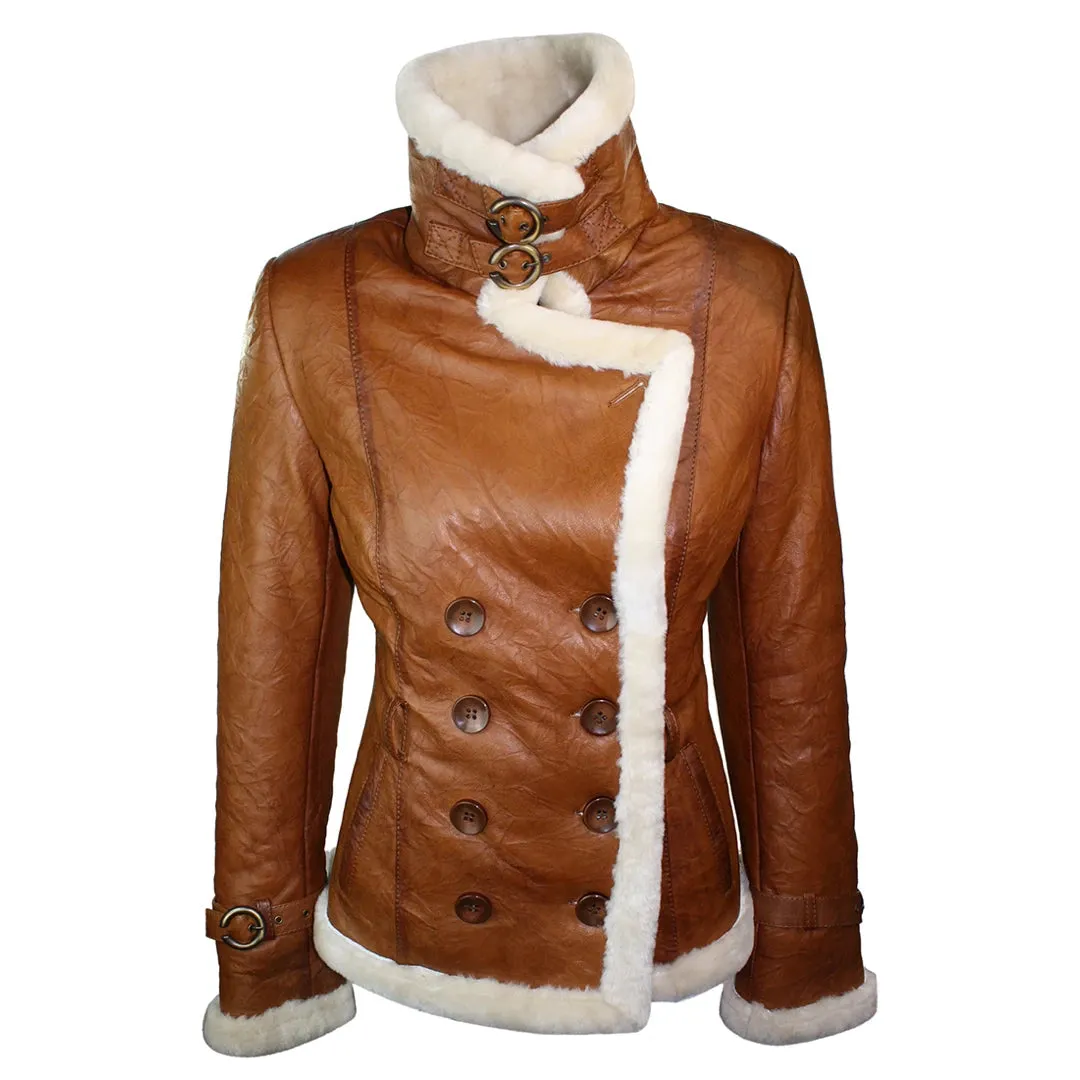 Women's Shearling Sheepskin Aviator Tan Brown Leather Jacket sold by Tru Clothing product image thumbnail 3