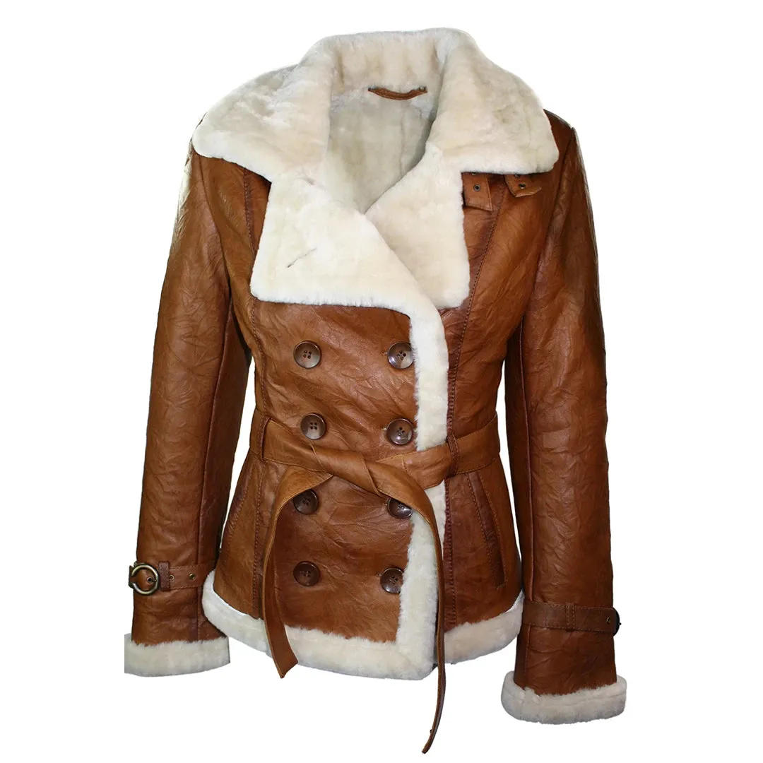 Women's Shearling Sheepskin Aviator Tan Brown Leather Jacket sold by Tru Clothing
