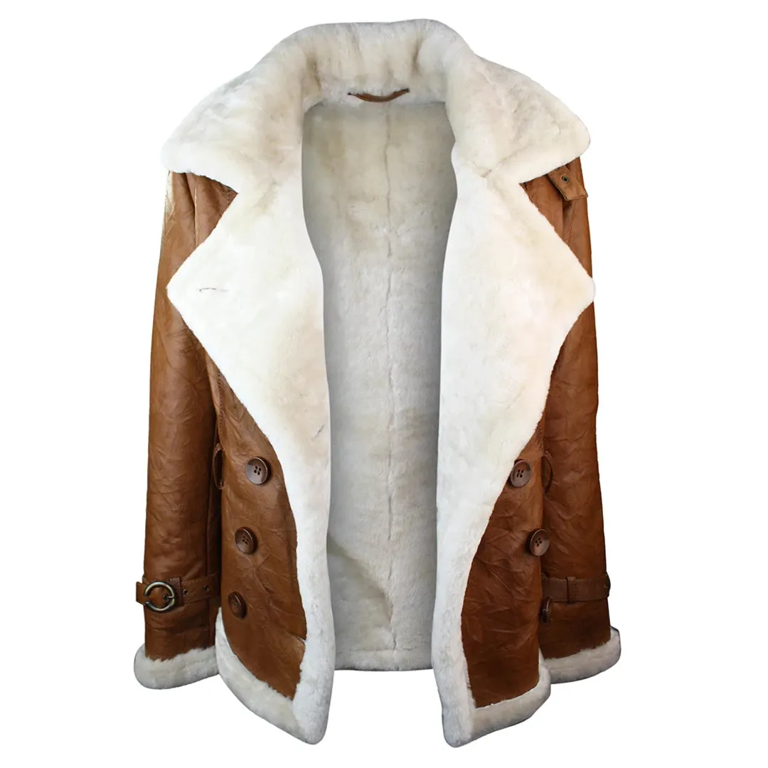 Women's Shearling Sheepskin Aviator Tan Brown Leather Jacket sold by Tru Clothing product image thumbnail 4