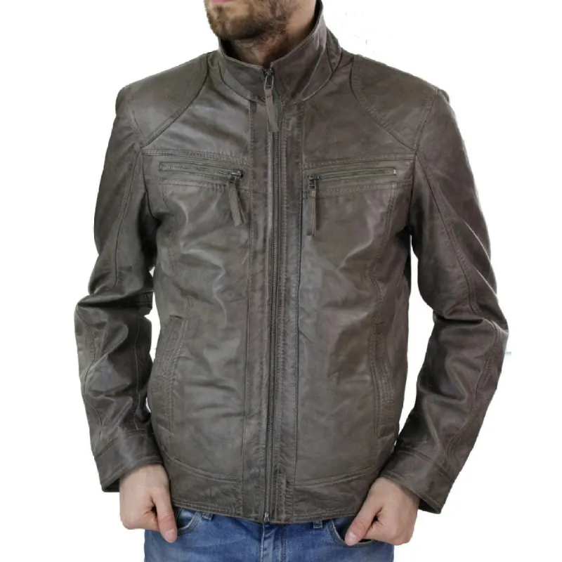 Men's Grey Leather Jacket  Biker Box Style Zipped Casual Retro sold by Tru Clothing