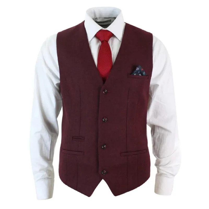 Men's Burgundy Maroon Black Herringbone Tweed Waistcoat sold by Tru Clothing