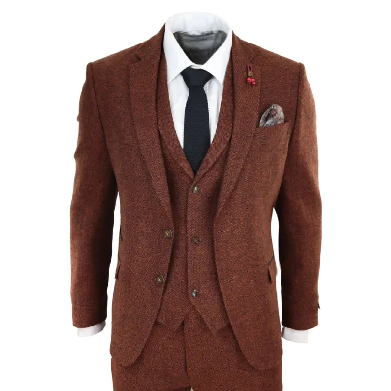 281-02 - Men's Camel 3 Piece Tweed Suit Herringbone Wool Fit sold by Tru Clothing