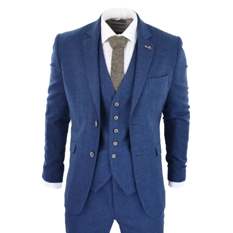 Orson - Men's Boys 3 Piece Wool Suit Blue Tweed 1920s Classic 4 Pocket Waistcoat sold by Tru Clothing