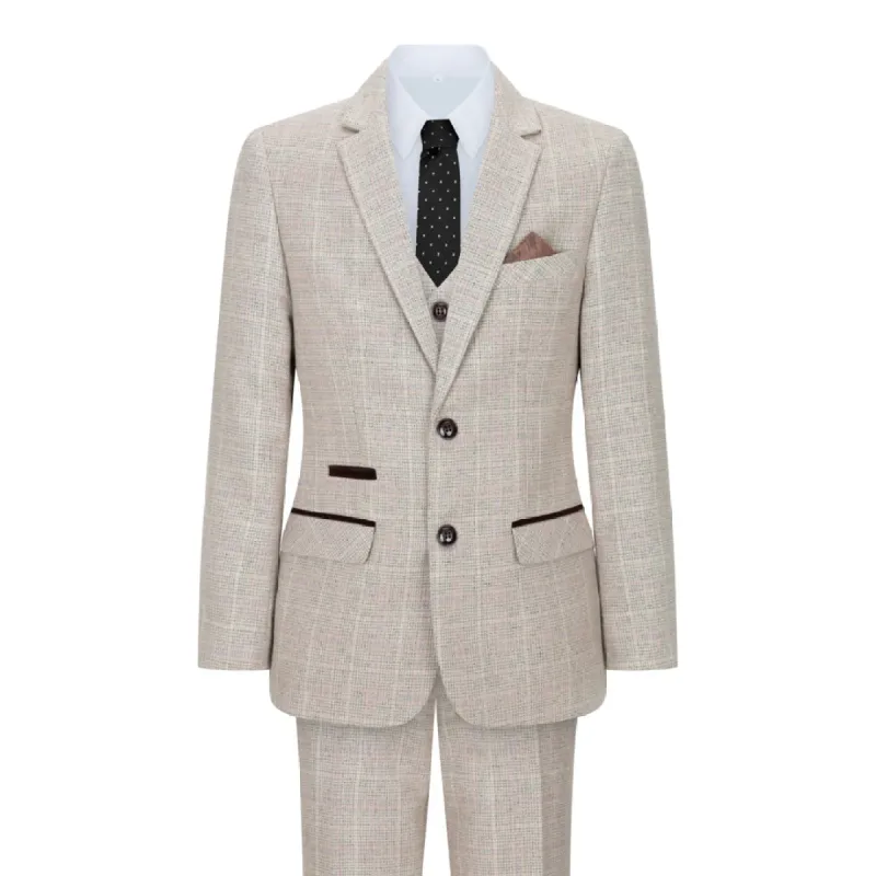 Holland - Boys Check Tweed Beige Brown 3 Piece Suit Wedding Classic sold by Tru Clothing