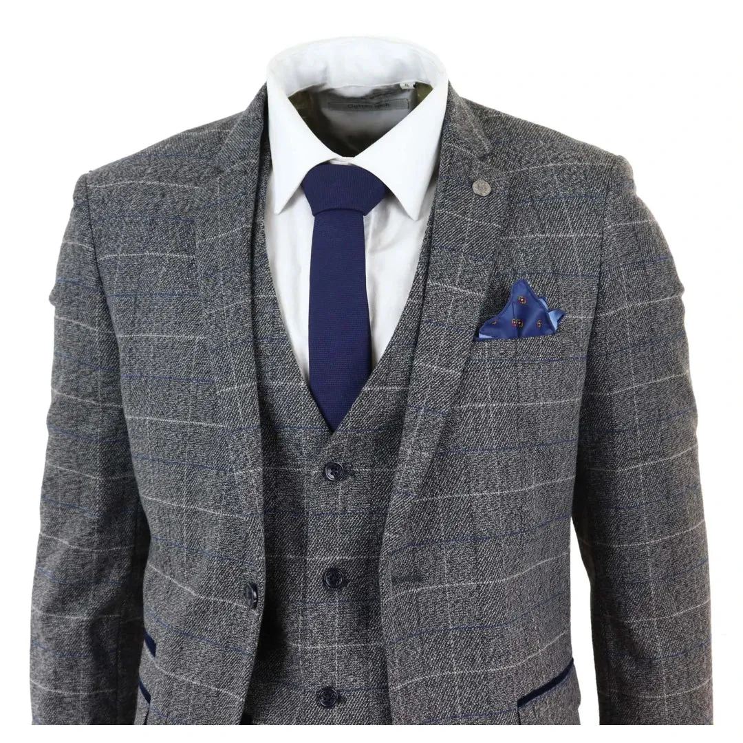Scott - Men's Grey Check 3 Piece Suit Herringbone Tweed Blue Velvet sold by Tru Clothing product image thumbnail 4