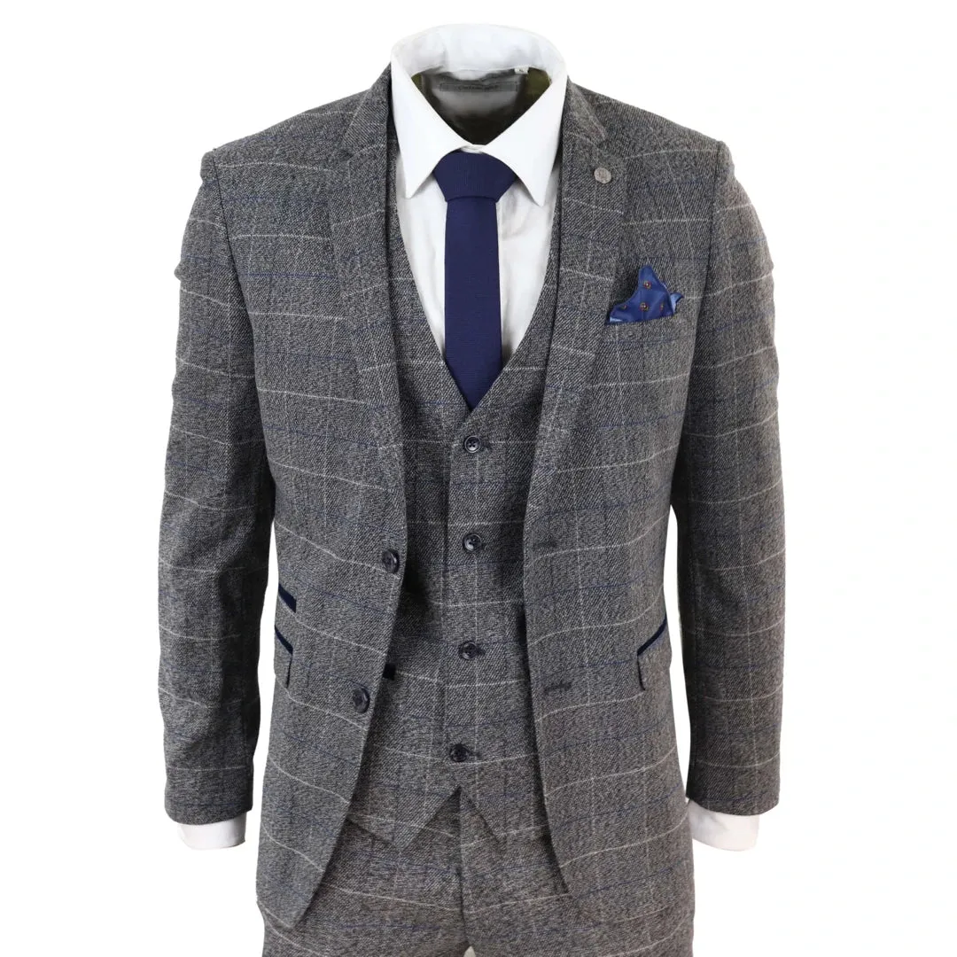 Scott - Men's Grey Check 3 Piece Suit Herringbone Tweed Blue Velvet sold by Tru Clothing