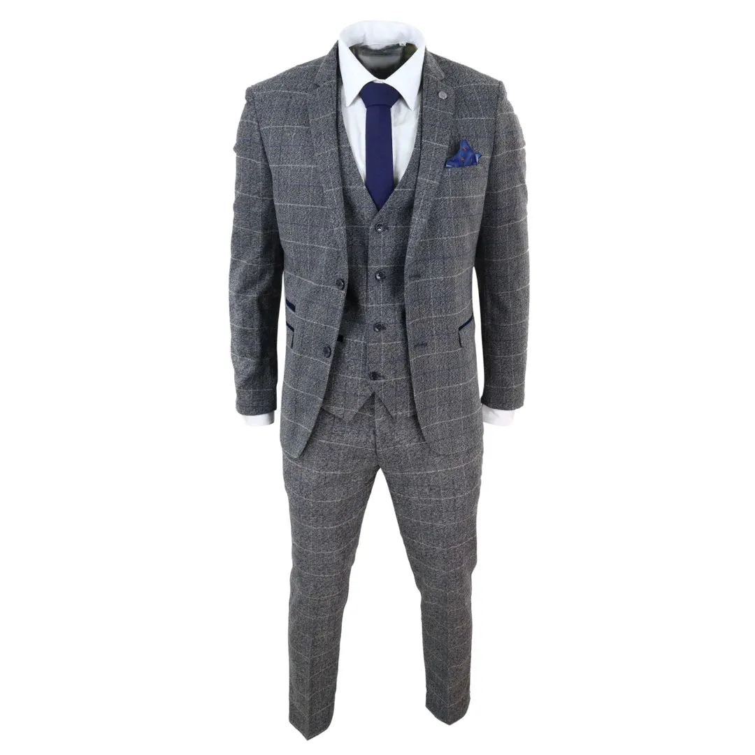 Scott - Men's Grey Check 3 Piece Suit Herringbone Tweed Blue Velvet sold by Tru Clothing product image thumbnail 3