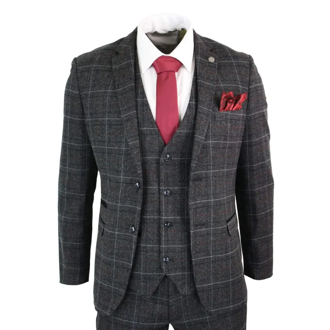 Harvey - Men's Boys Grey Black 3 Piece Tweed Suit Herringbone Wine Check sold by Tru Clothing
