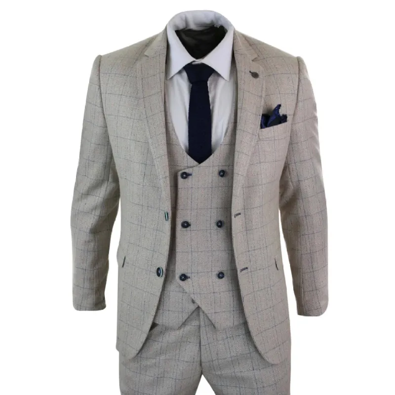 Harding - Men's 3 Piece Cream Beige Blue Check Double Breasted Waistcoat Suit sold by Tru Clothing