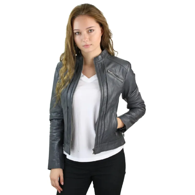 Women's Biker Jacket Leather Zipped Fit Nehru Collar sold by Tru Clothing