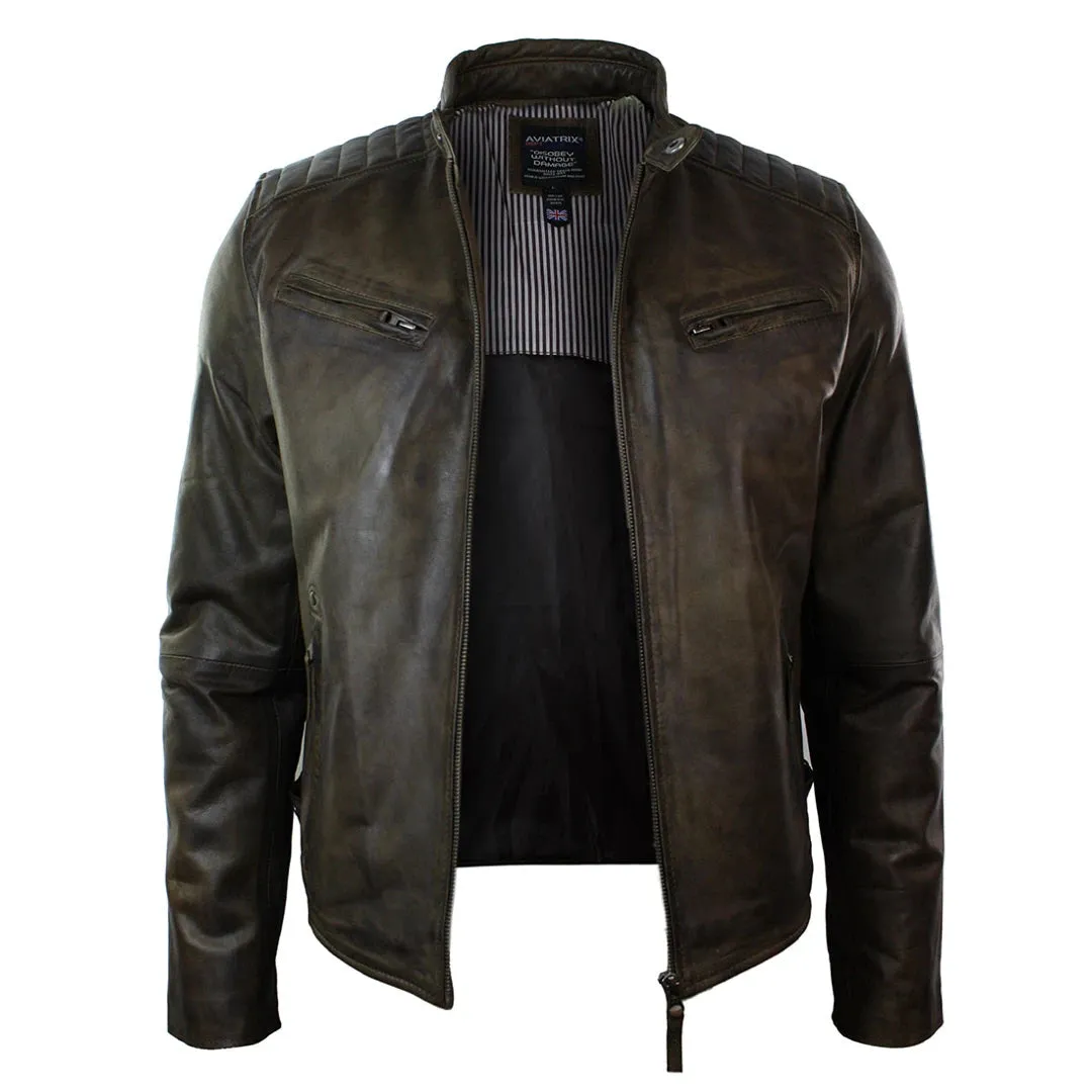 Men's Zipped Biker Jacket Washed Leather Brown Urban sold by Tru Clothing product image thumbnail 3