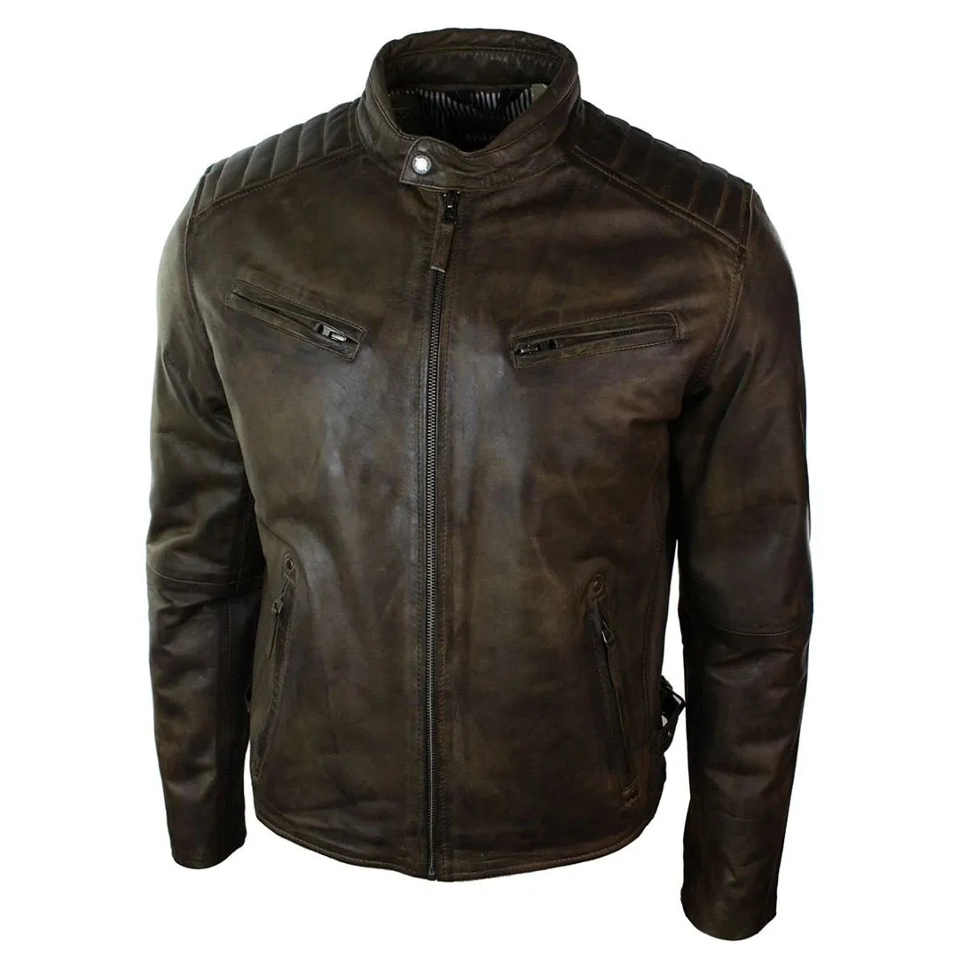 Men's Zipped Biker Jacket Washed Leather Brown Urban sold by Tru Clothing product image thumbnail 2