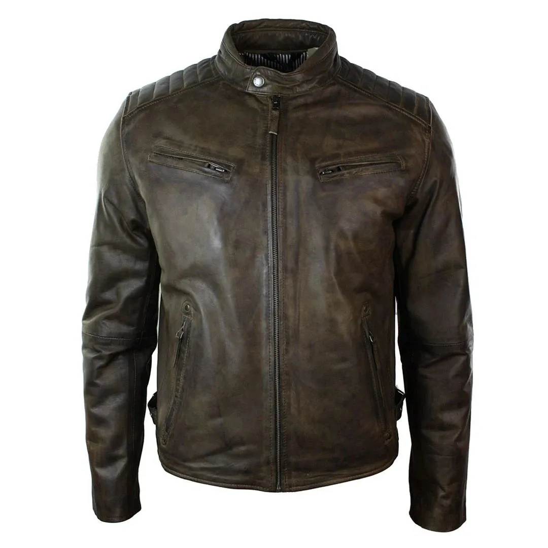 Men's Zipped Biker Jacket Washed Leather Brown Urban sold by Tru Clothing