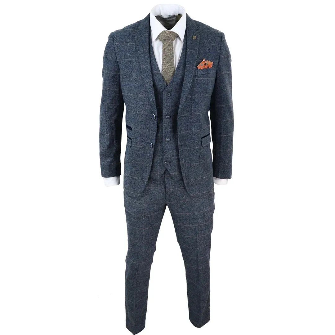 Scott - Men's Blue Check 3 Piece Suit Herringbone Tweed Grey Velvet sold by Tru Clothing product image thumbnail 3