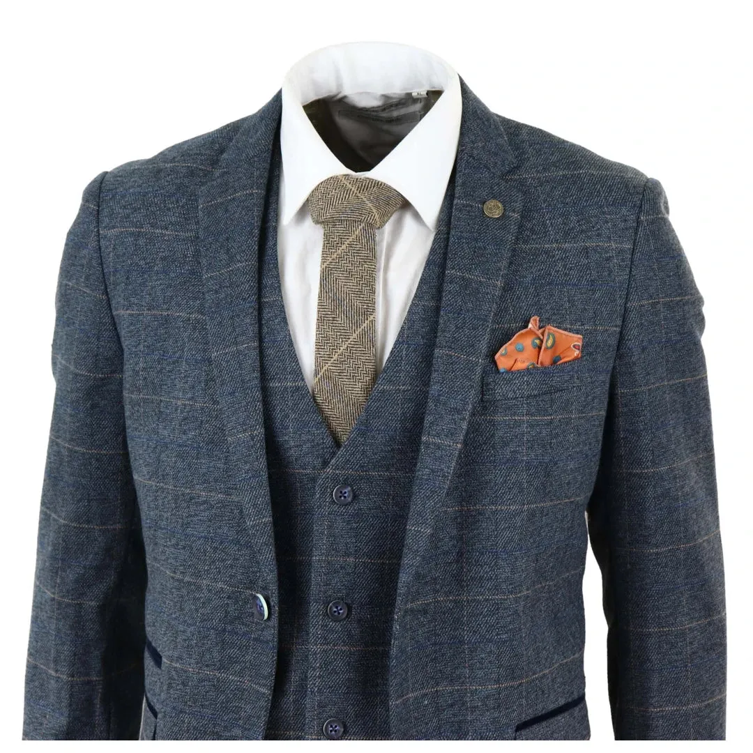 Scott - Men's Blue Check 3 Piece Suit Herringbone Tweed Grey Velvet sold by Tru Clothing product image thumbnail 4